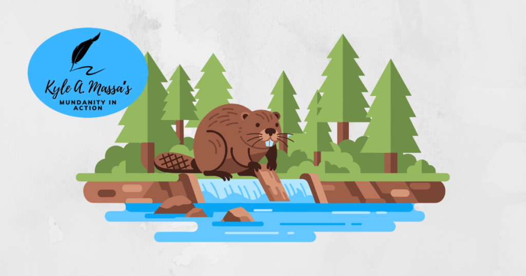 A cartoon beaver frolics through the cartoon woods.